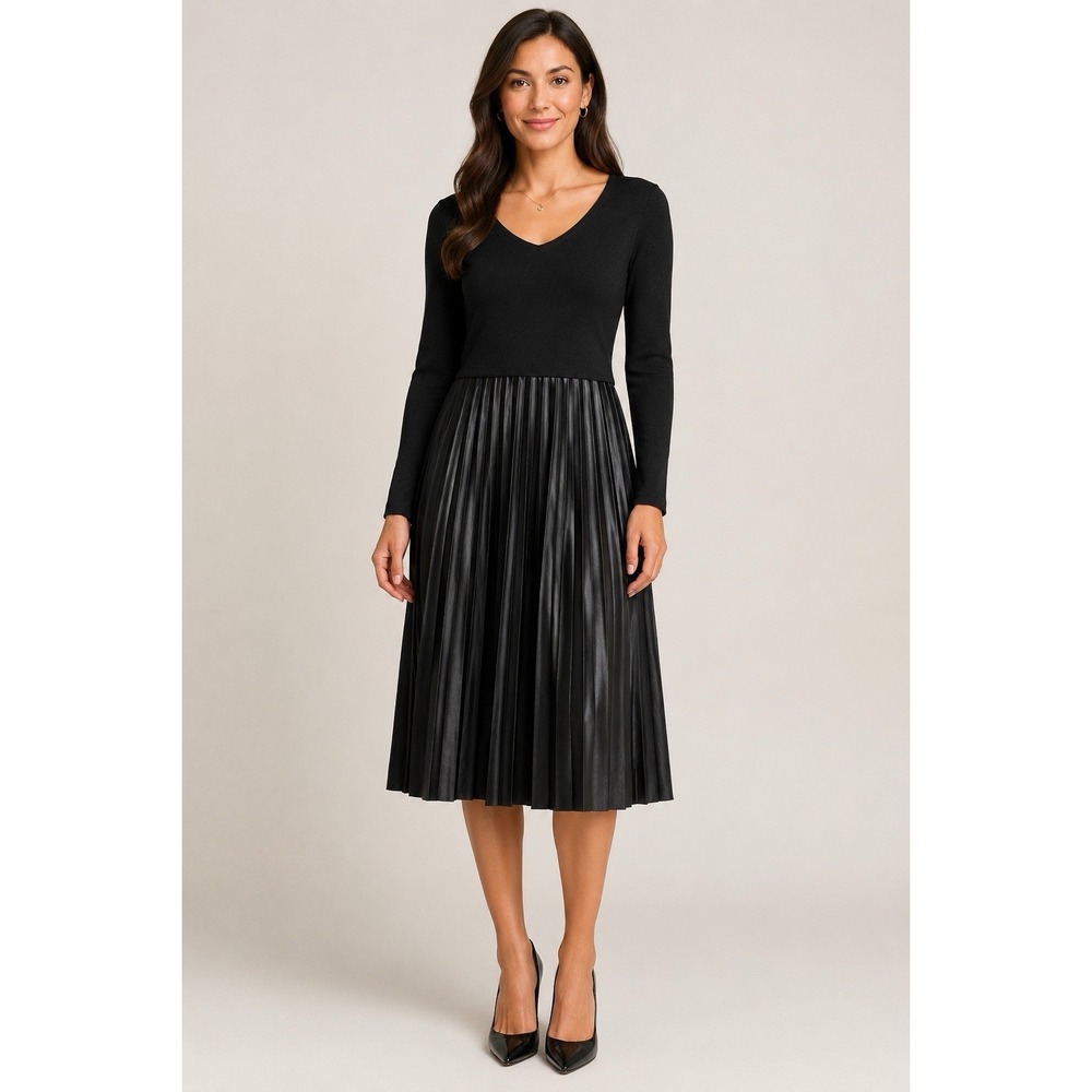 Nina Leonard Black‎ Pleated Dress Womens Small NWT Long Sleeve Knit Faux Leather